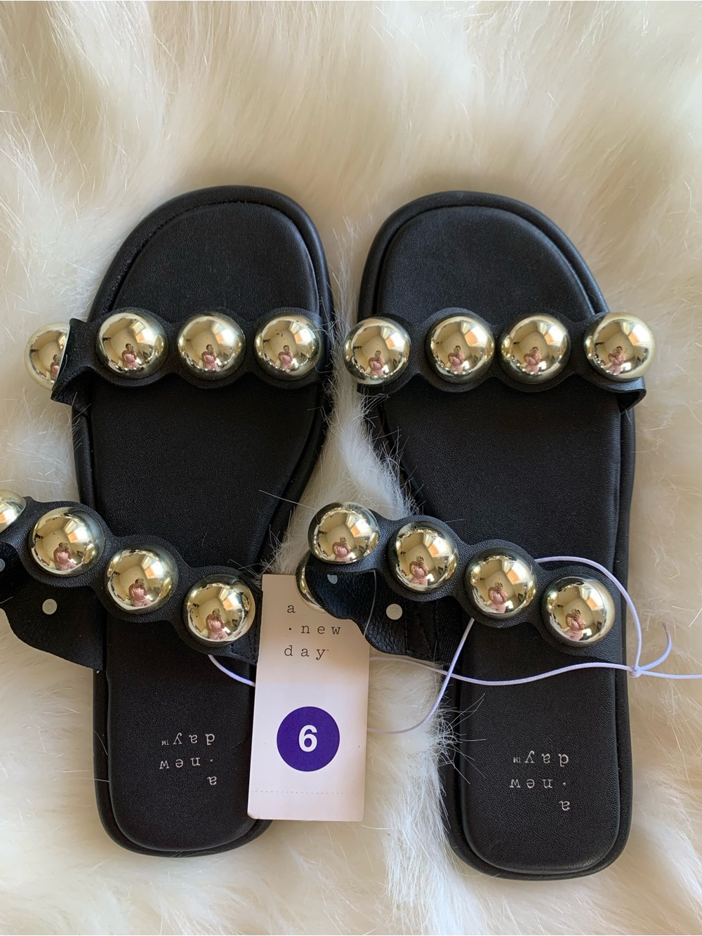 *NWT a new day Black Slide Sandals with Gold Studs SIZE 6 BRAND NEW